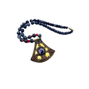 Antique Lapis Lazuli Medallion Beaded necklace with Coral 21" plus Medallion
